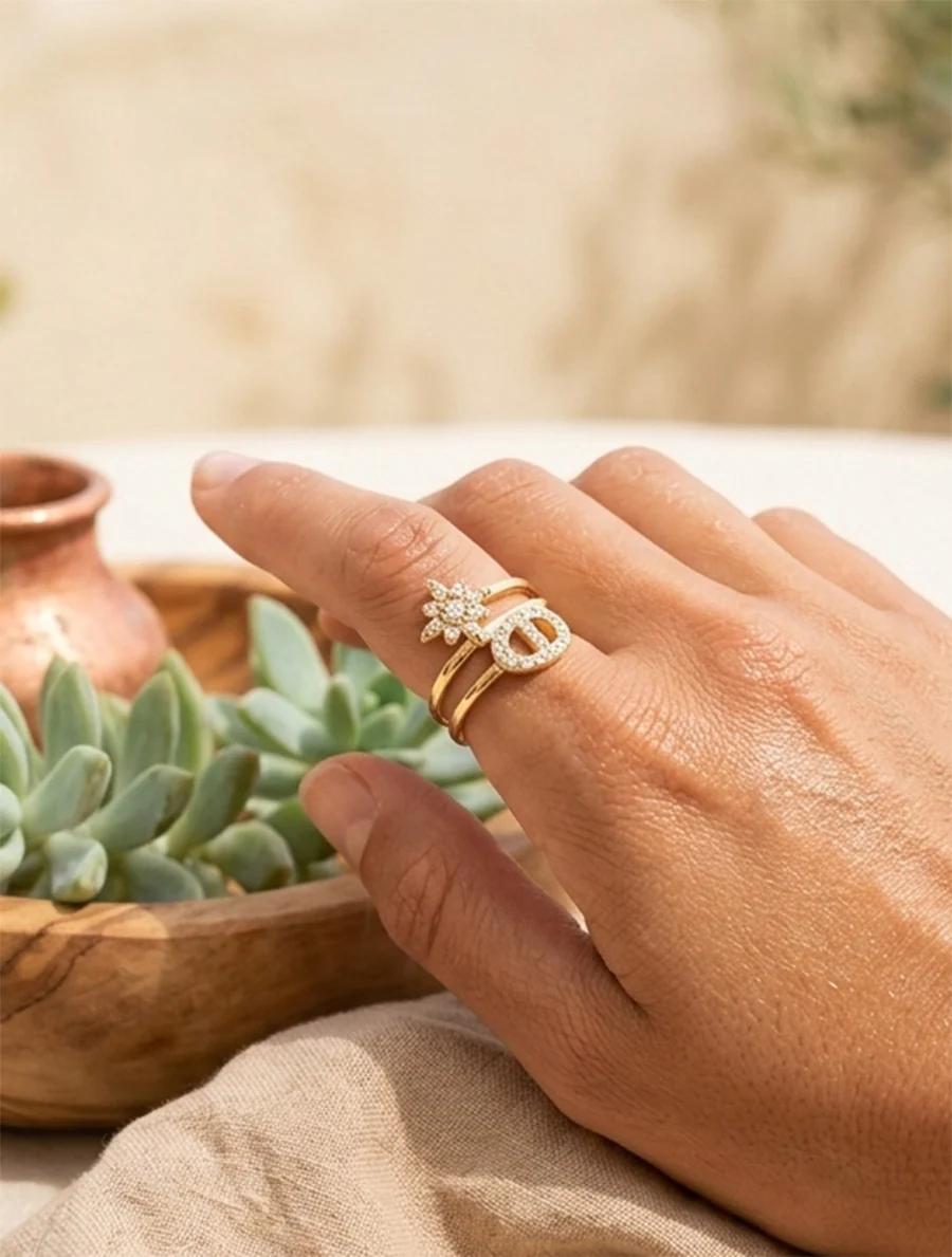 Bague à étoile et maillon strassés - Or