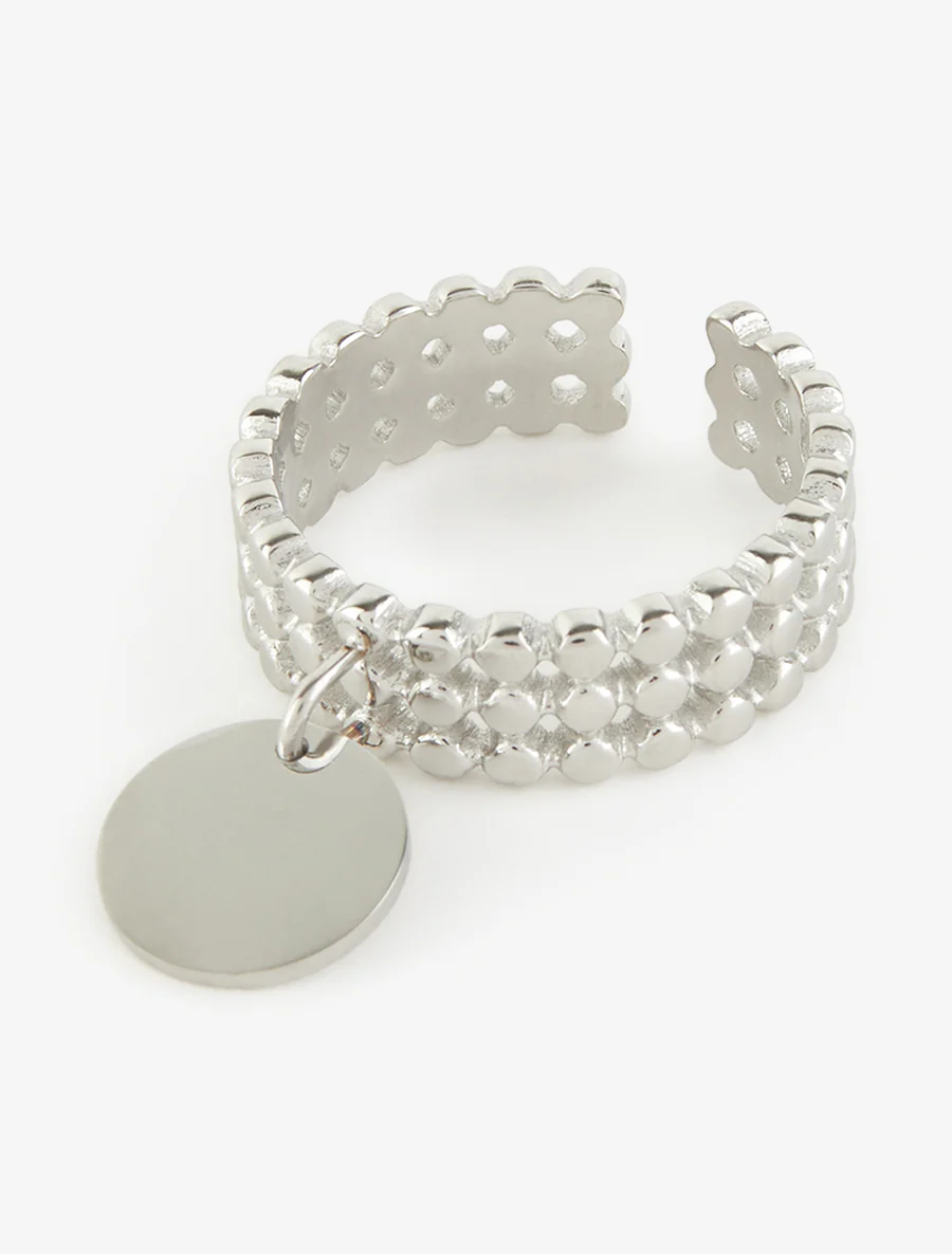 Bague à petites billes et breloque ronde - Argent - Image 3