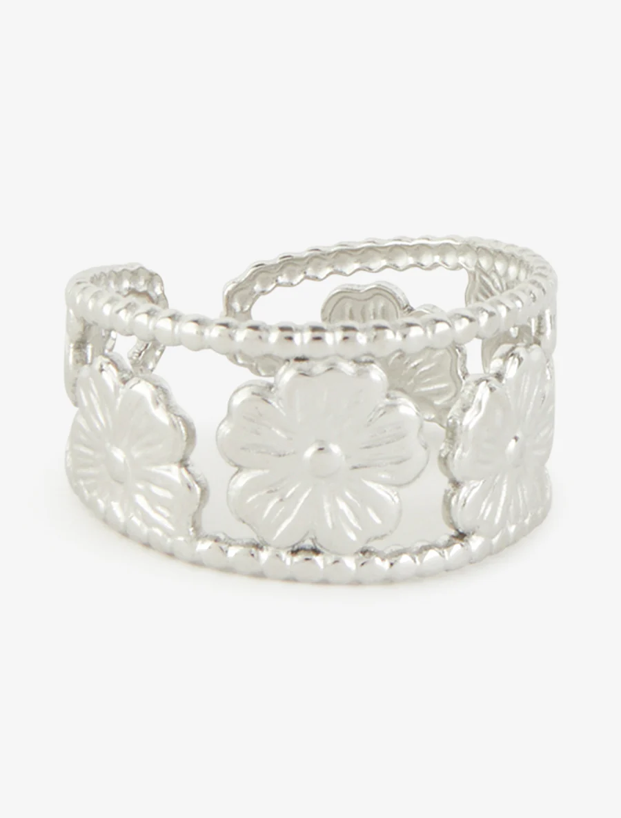 Bague à petites billes et motif floral - Argent - Image 2