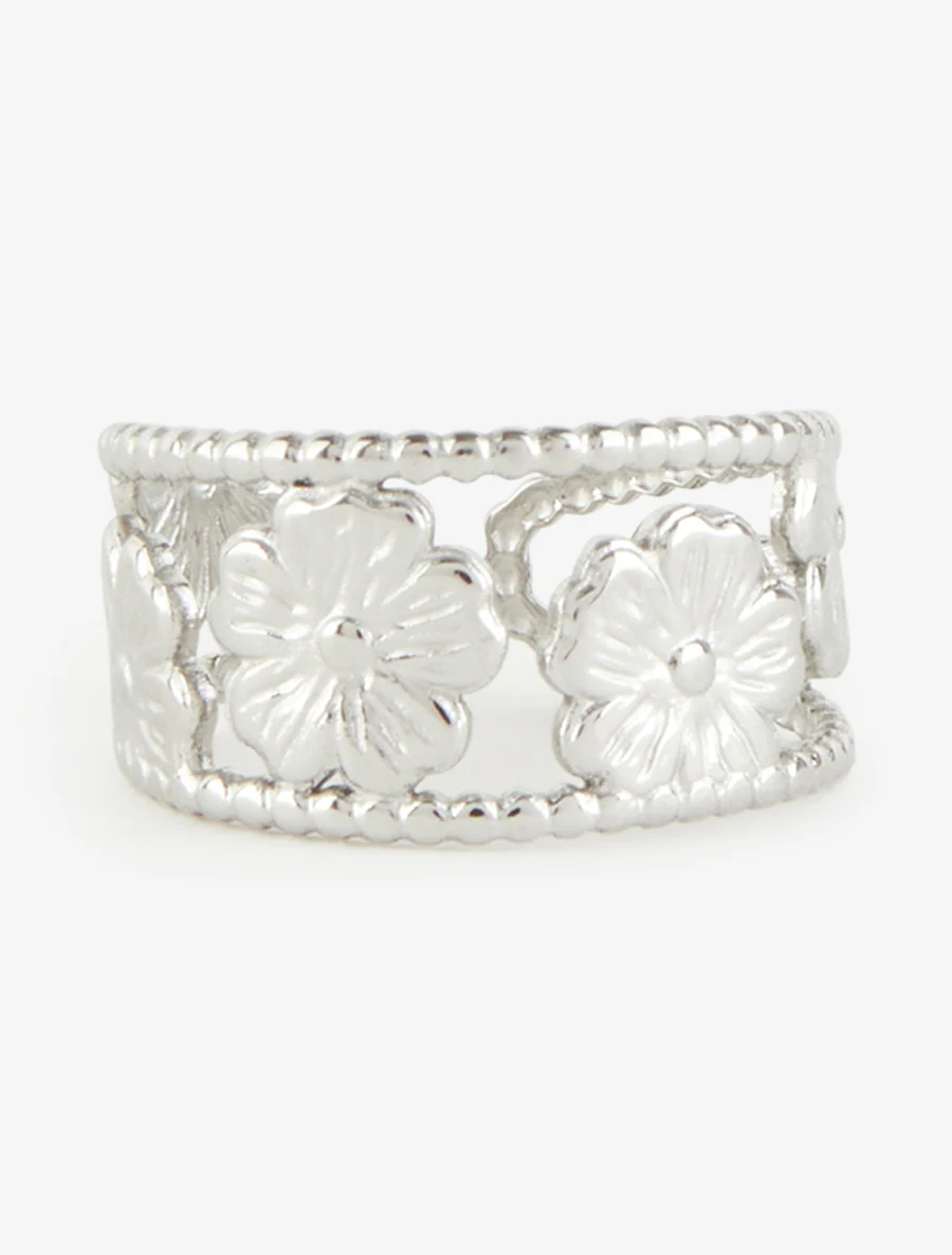 Bague à petites billes et motif floral - Argent - Image 3