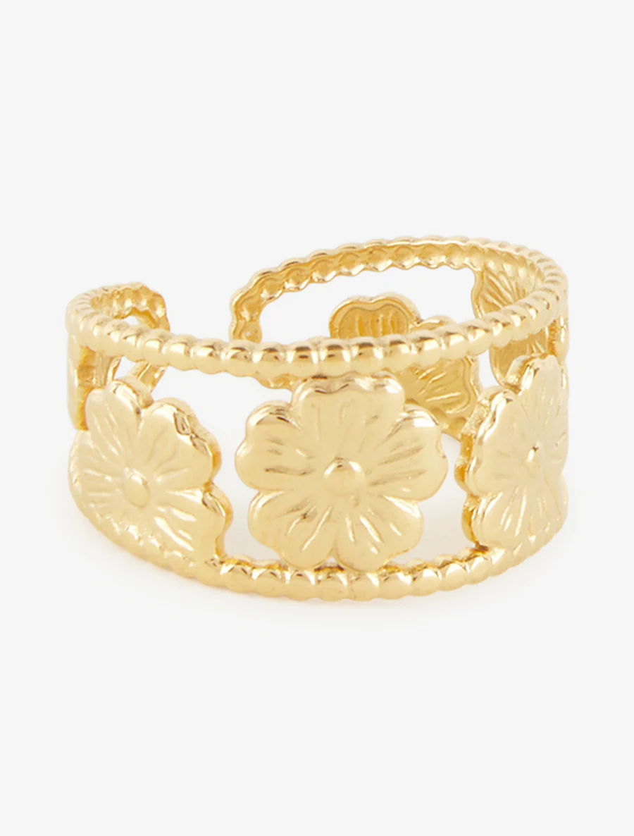 Bague à petites billes et motif floral - Or - Image 2
