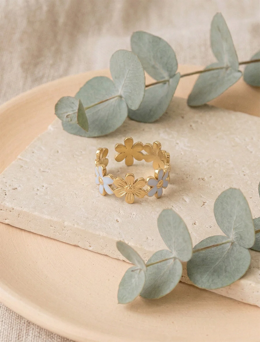 Bague ajustable à fleurs - Or/bleu