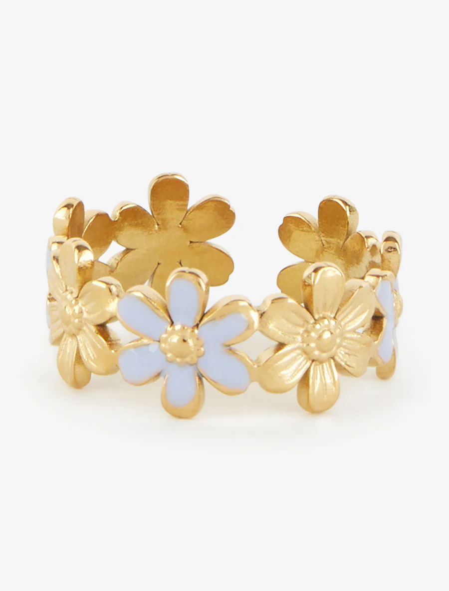 Bague ajustable à fleurs - Or/bleu - Image 3