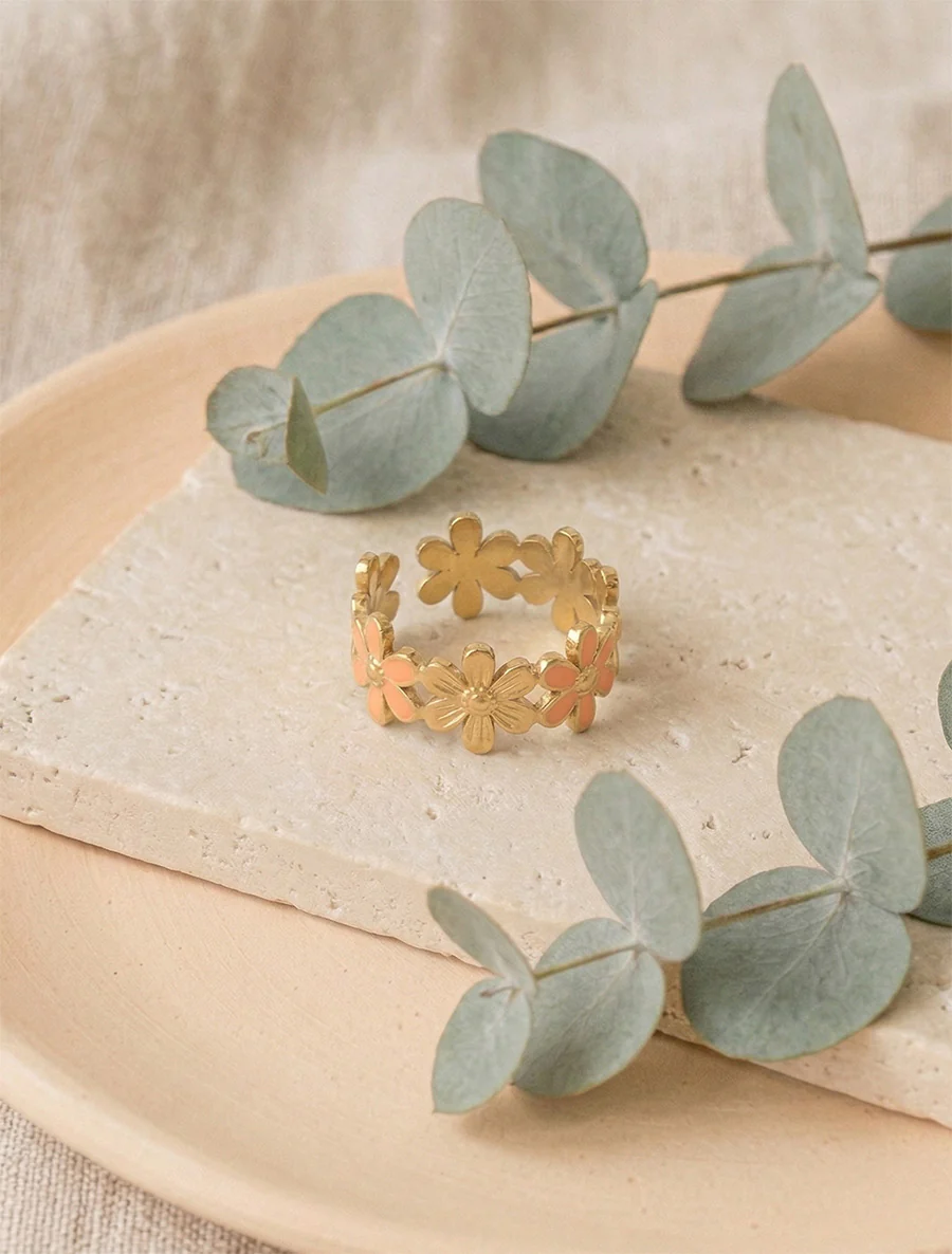 Bague ajustable à fleurs - Or/orange
