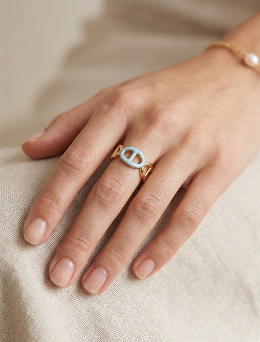 Bague ajustable style maillons marin - Or/bleu