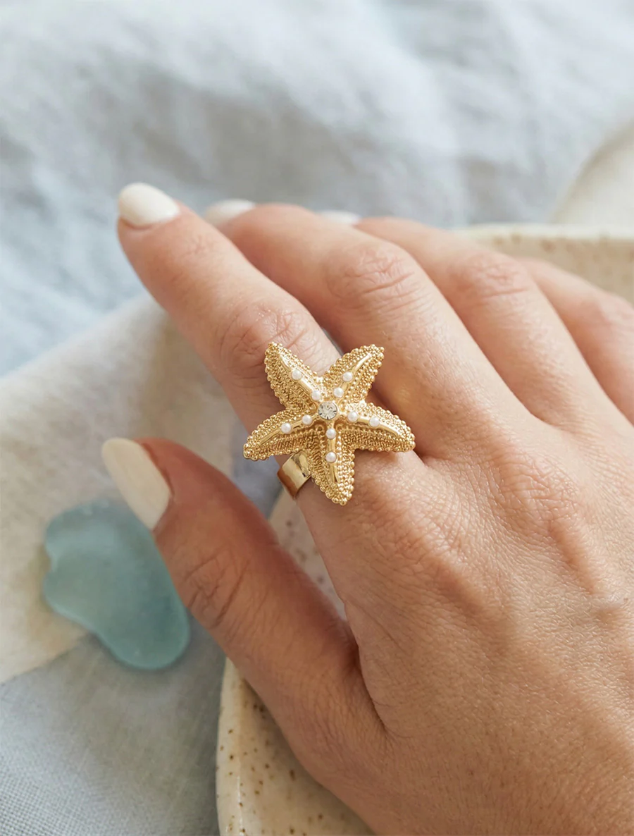 Bague étoile de mer à perles et strass - Or