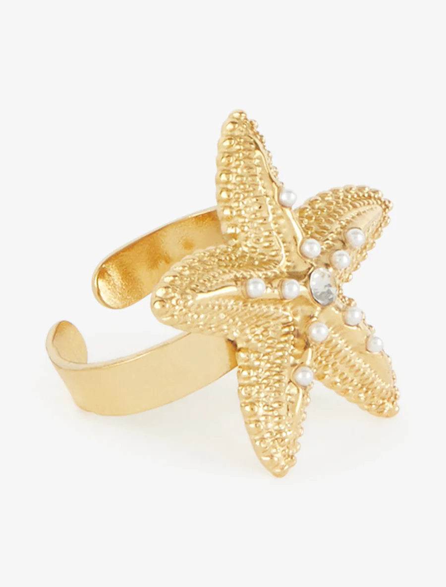 Bague étoile de mer à perles et strass - Or - Image 2