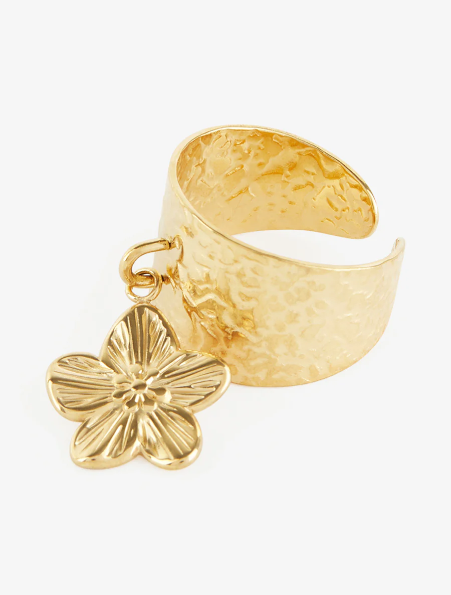 Bague martelée à breloque fleur - Or - Image 3