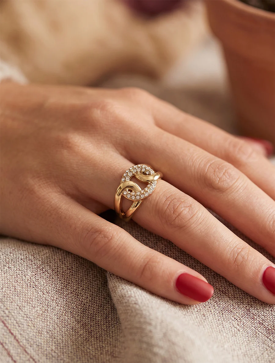 Bague ouverte à maillons entrelacés et strass - Or