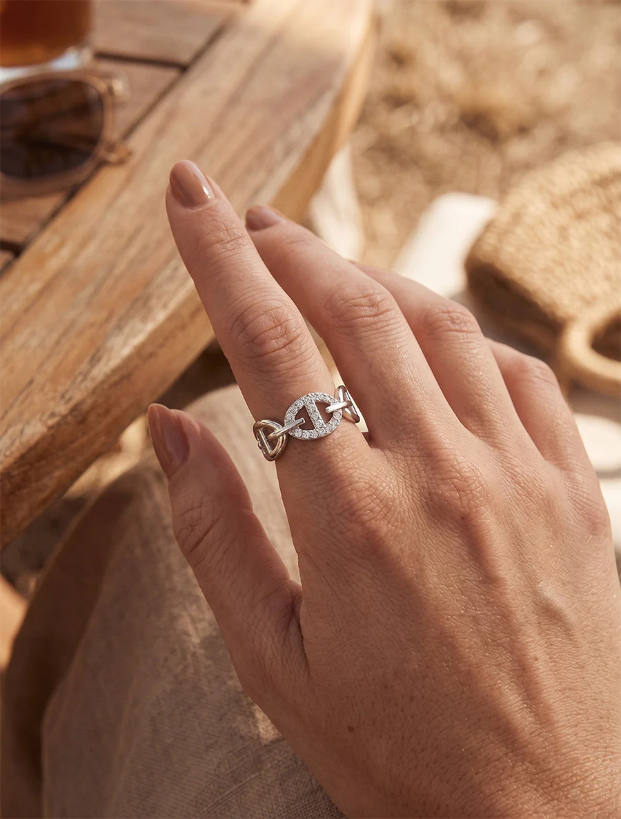 Bague style maillons marins à strass - Argent