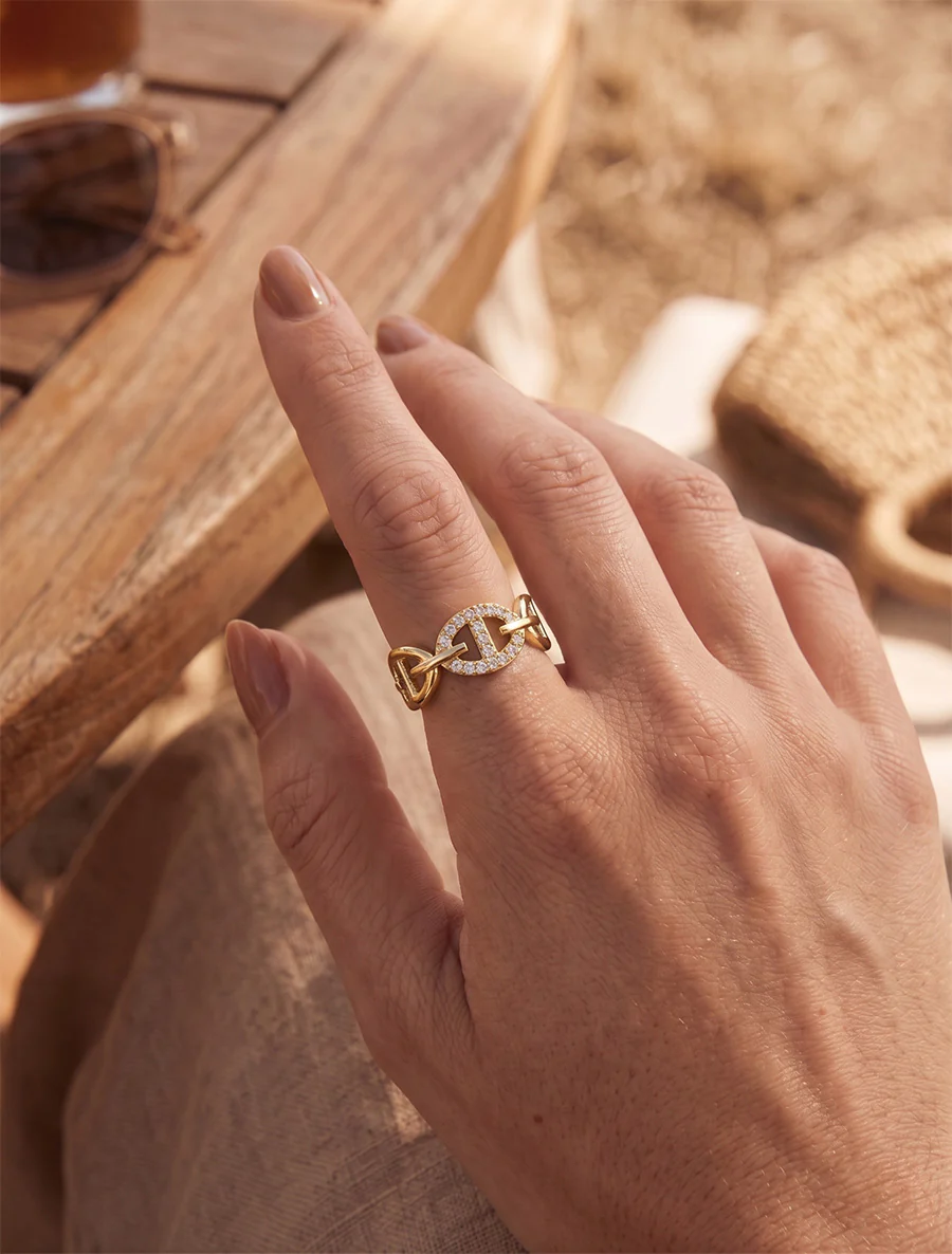 Bague style maillons marins à strass - Or