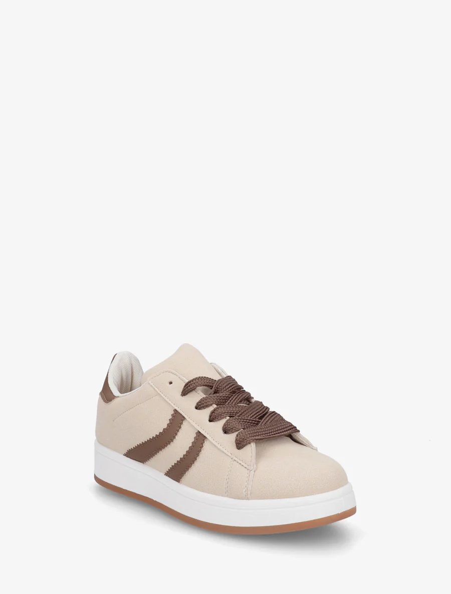 Baskets effet nubuck à bandes dentelées - Beige - Image 2