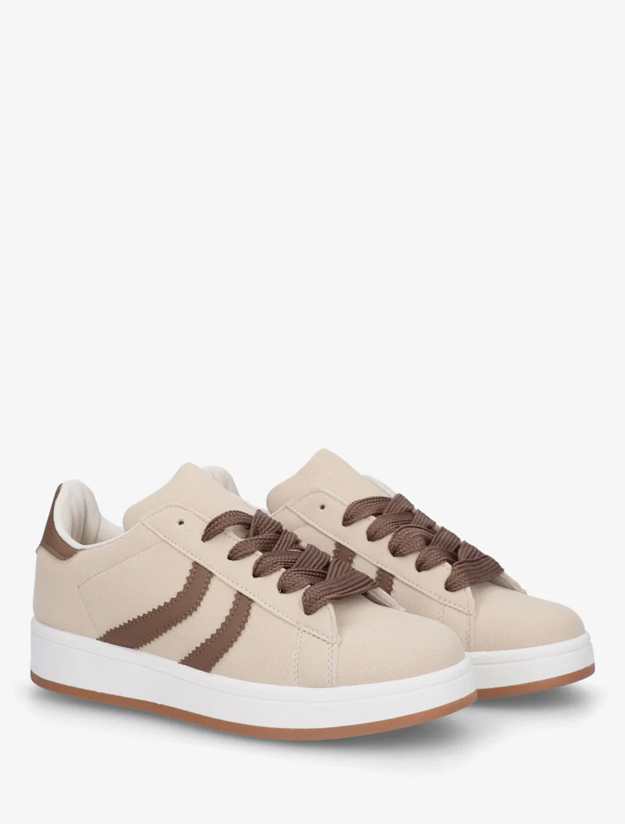 Baskets effet nubuck à bandes dentelées - Beige - Image 4