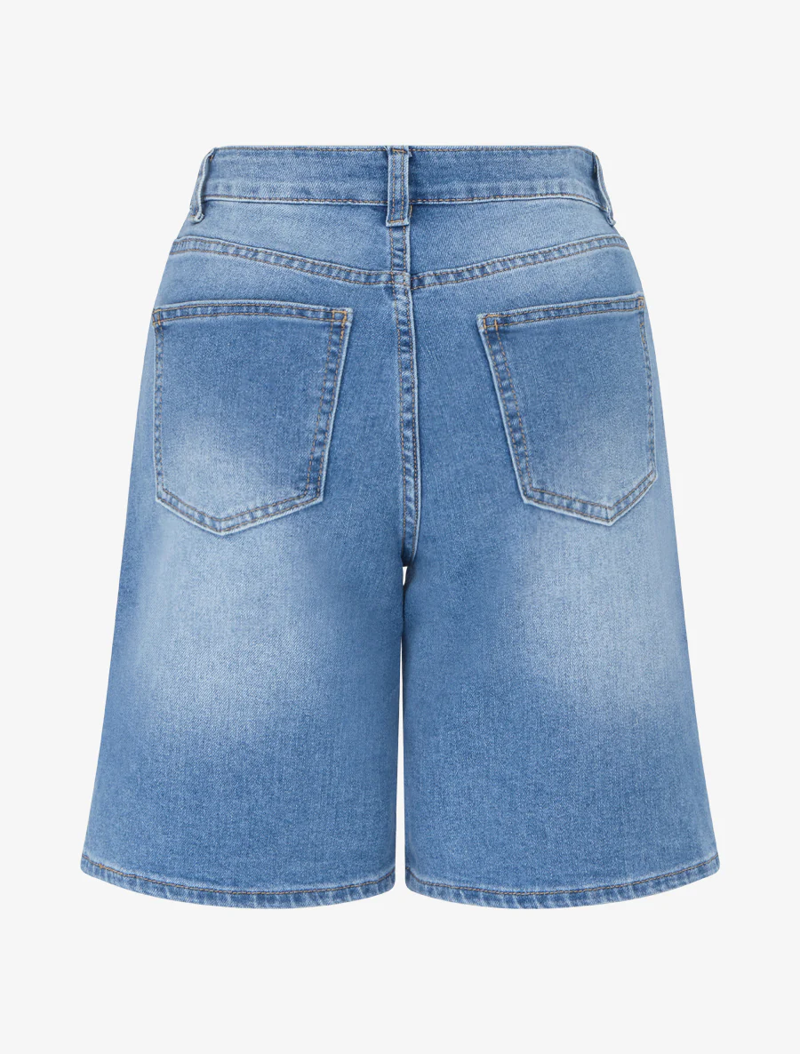 Bermuda en jean délavé coupe droite - Bleu - Image 2