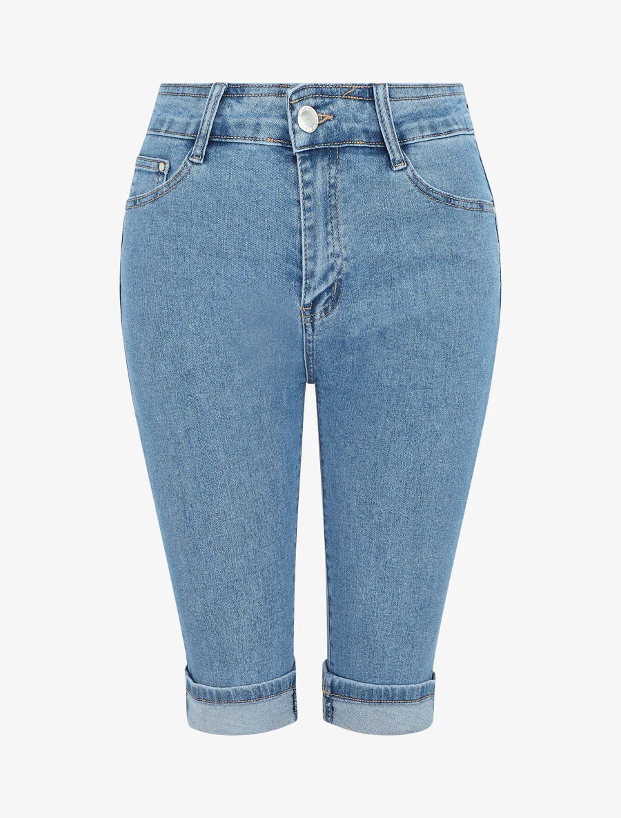 Bermuda push up en jean à ourlets - Bleu