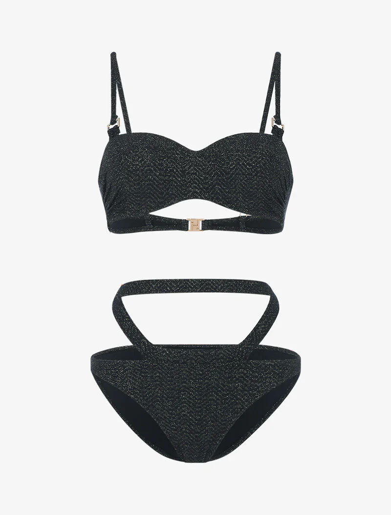 Bikini à balconnet texturé et pailleté - noir