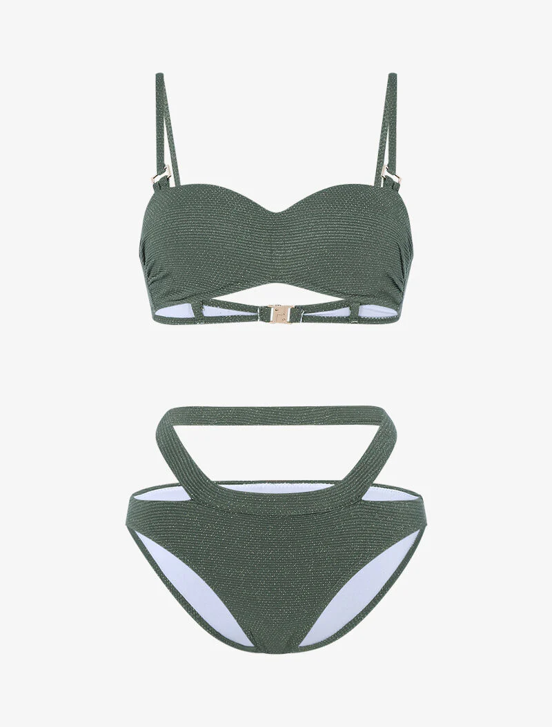 Bikini à balconnet texturé et pailleté - kaki