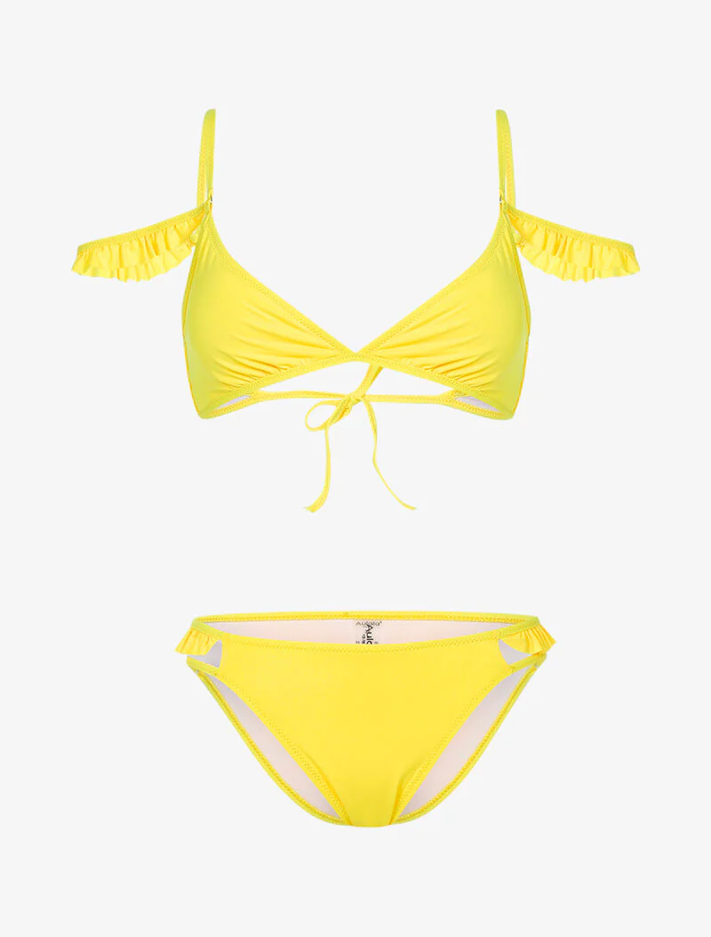 Bikini à double bretelles volantées - jaune