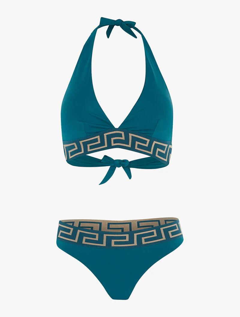 Bikini à imprimé grec - bleu canard