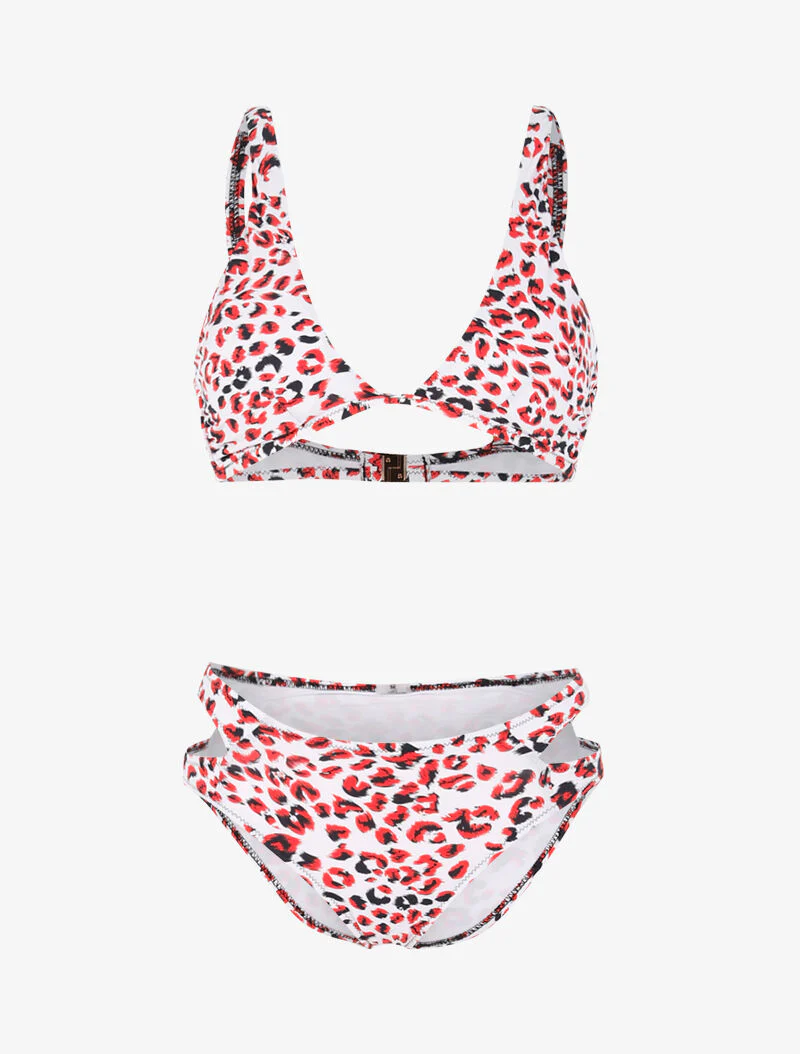 Bikini à imprimé léopard et découpes - rouge