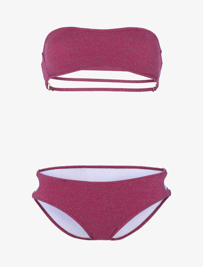Bikini bandeau lamé à oeillets dorés - rouge cerise - rouge