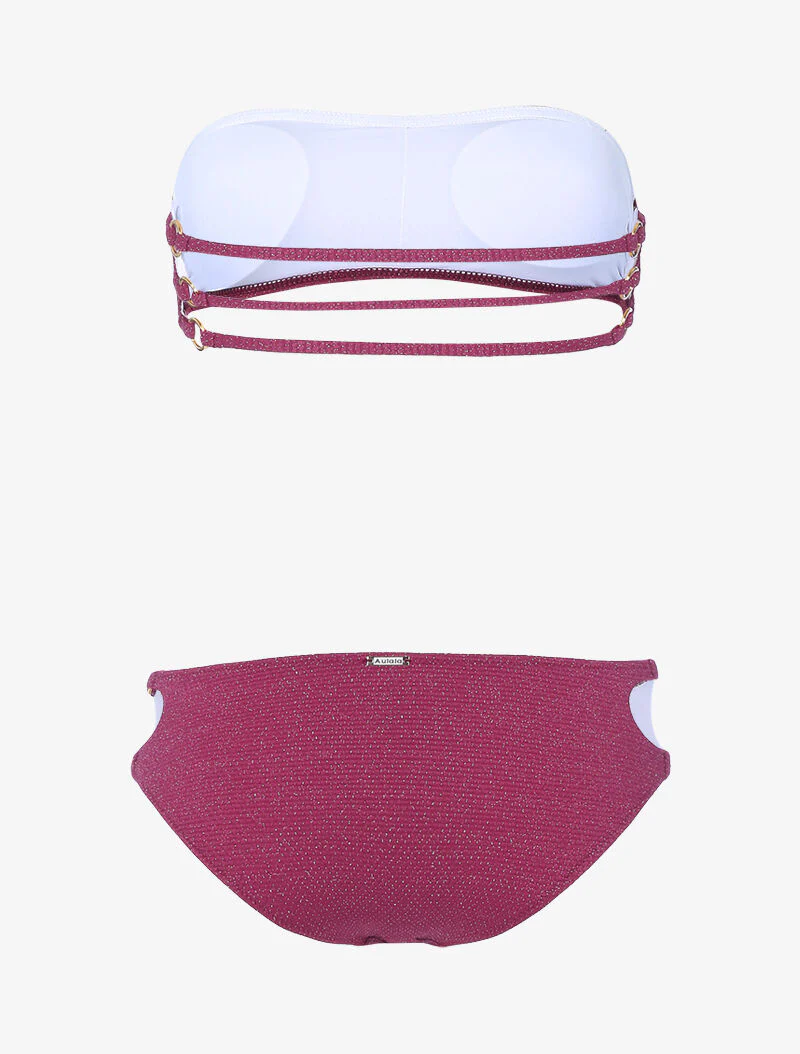 Bikini bandeau lamé à oeillets dorés - rouge cerise - rouge - Image 2