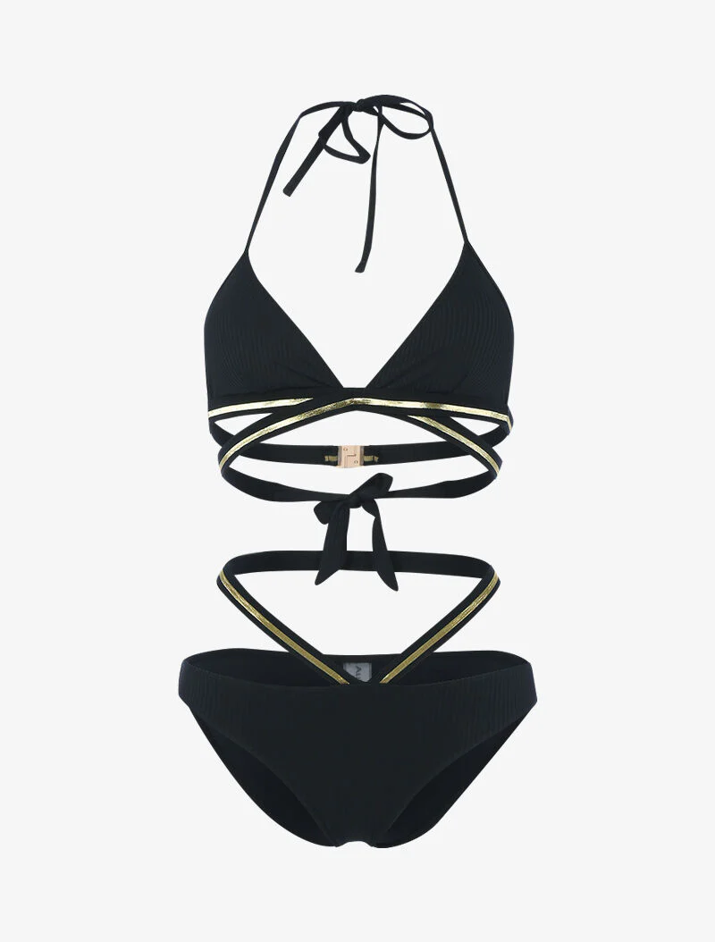 Bikini côtelé à bandes dorées - noir