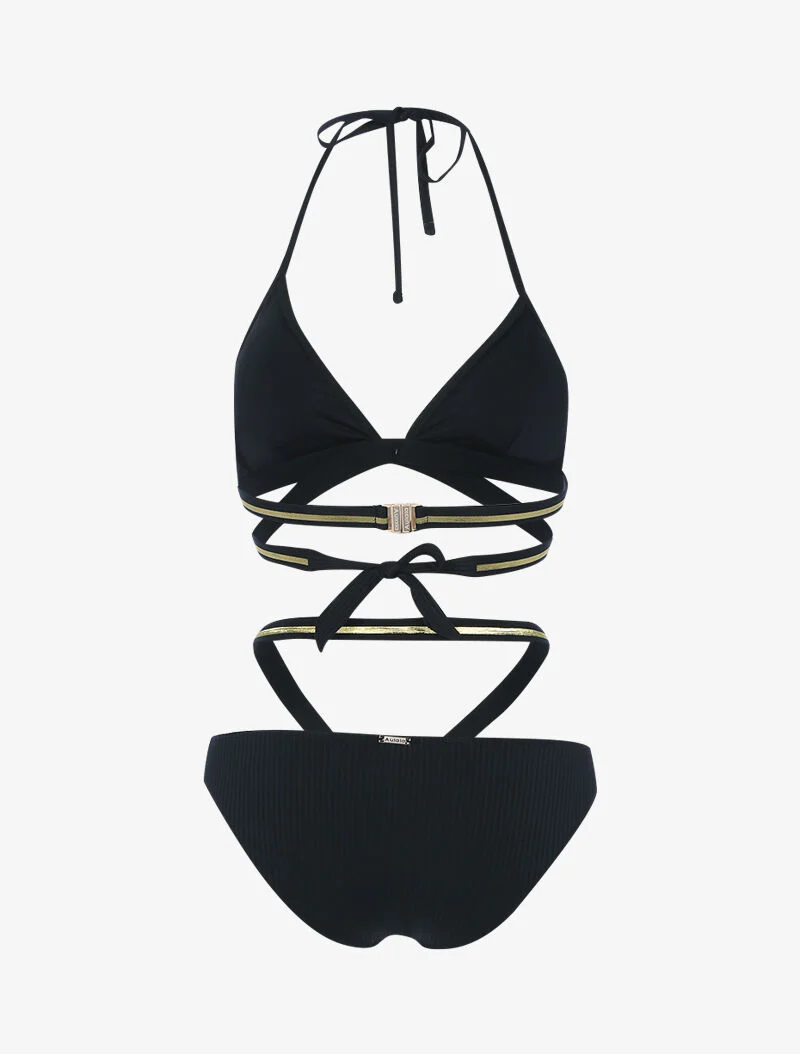 Bikini côtelé à bandes dorées - noir - Image 2