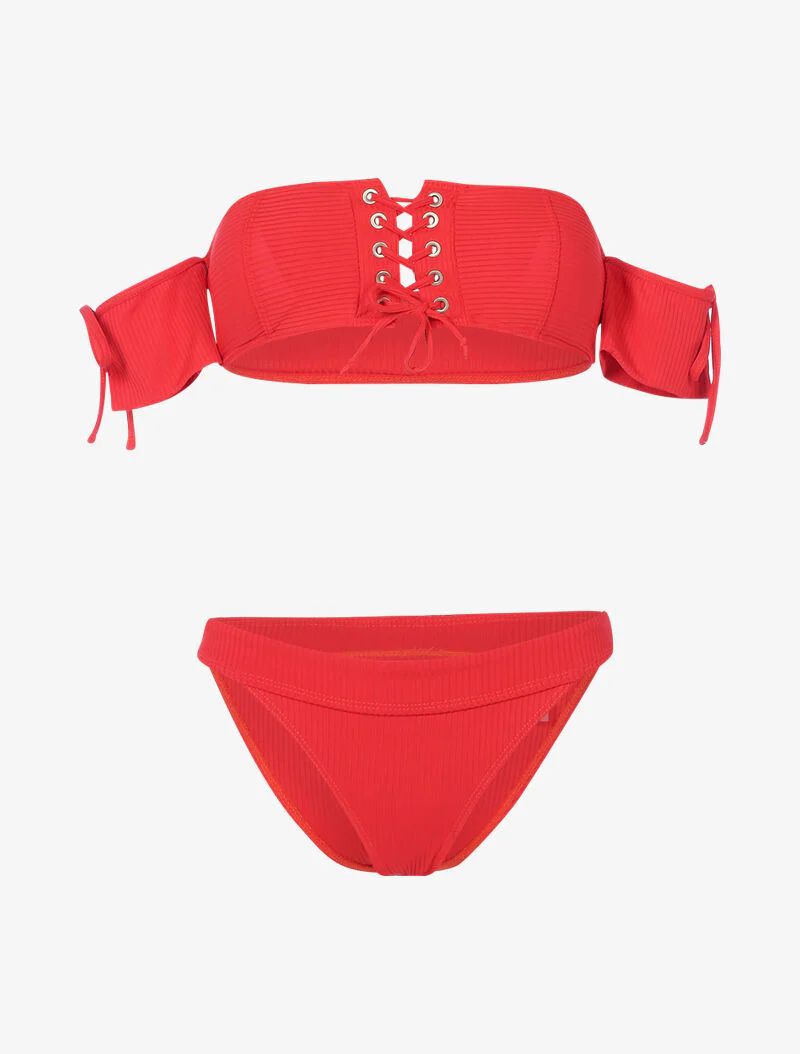 Bikini côtelé à corsage et tanga ajouré - rouge