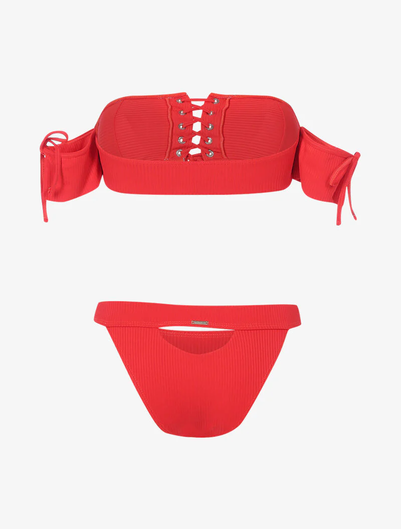 Bikini côtelé à corsage et tanga ajouré - rouge - Image 2