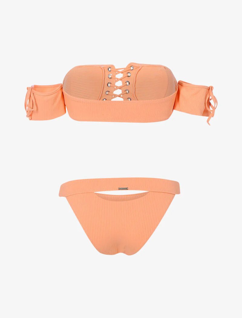 Bikini côtelé à corsage et tanga ajouré - orange clair - Image 2