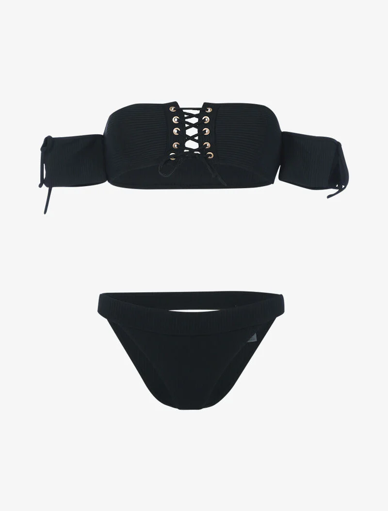 Bikini côtelé à corsage et tanga ajouré - noir