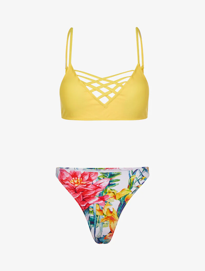 Bikini dépareillé à imprimé floral - jaune