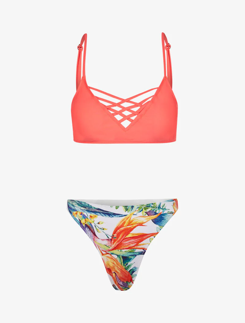 Bikini dépareillé à imprimé floral - rose fluo