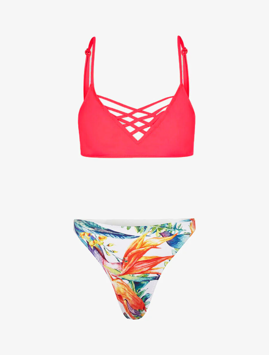 Bikini dépareillé à imprimé floral - Rose fluo