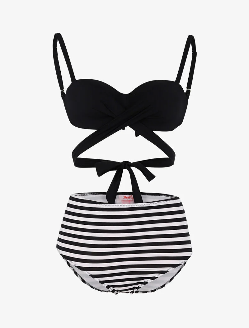 Bikini dépareillé style marinière - noir