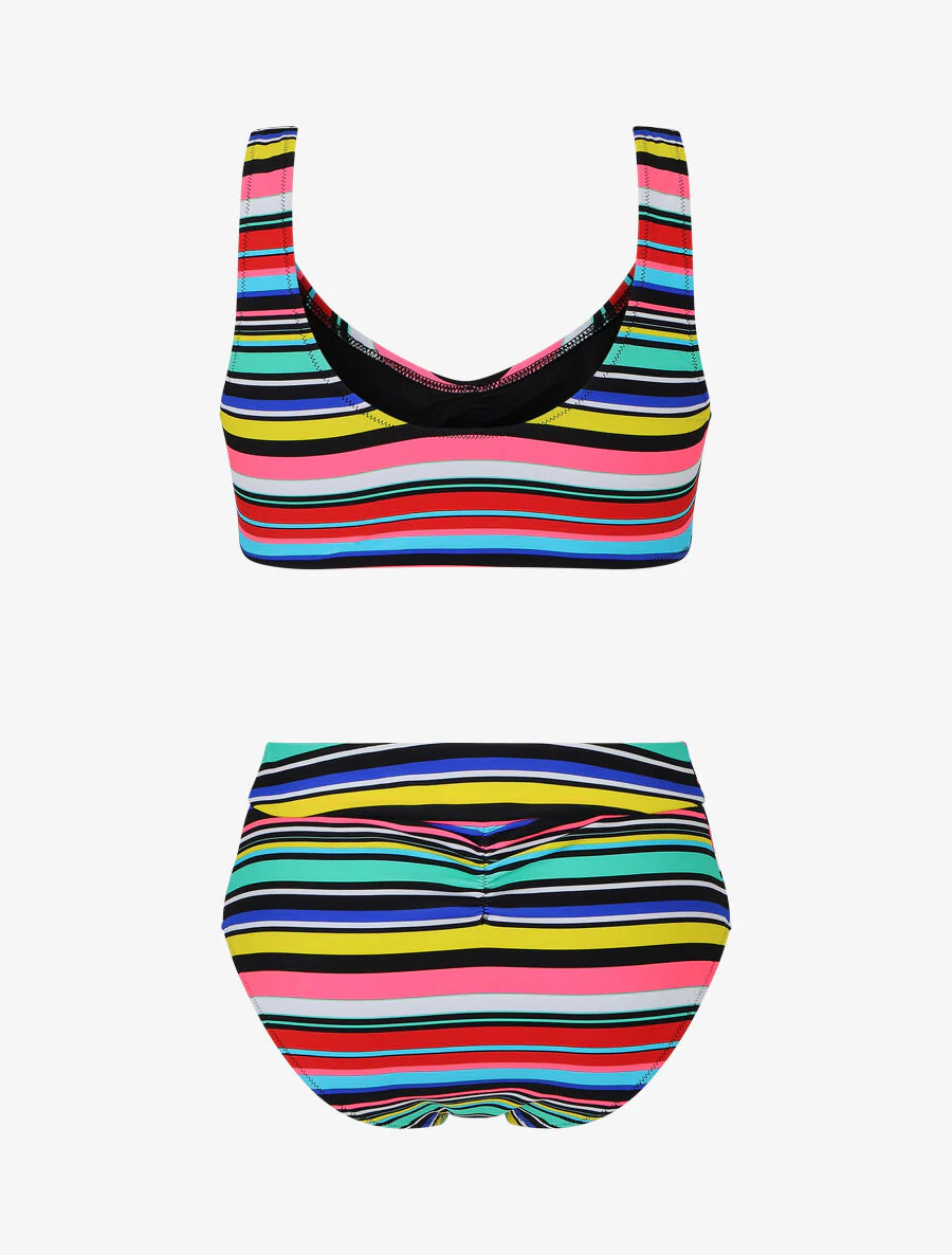 Bikini rayé à brassière et culotte montante - Vert - Image 2