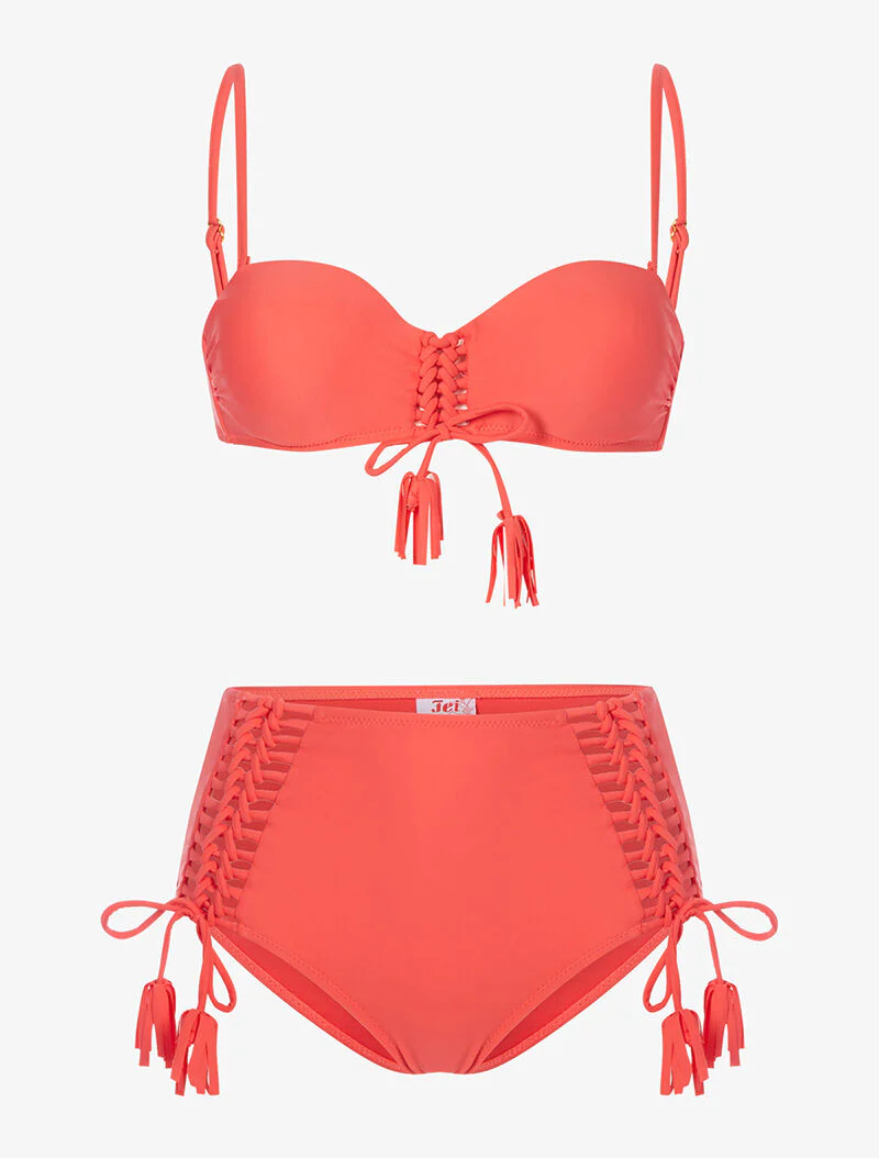 Bikini taille haute à corsage - corail