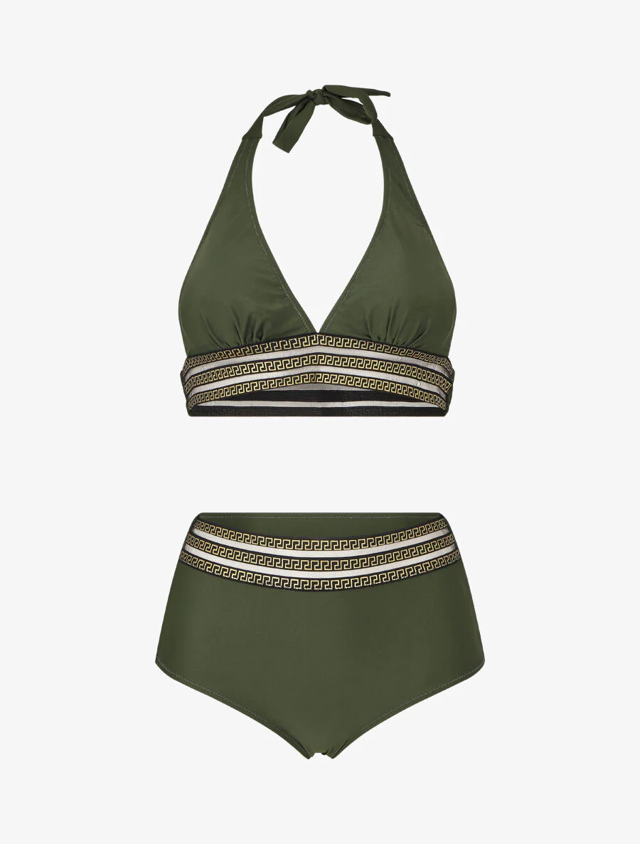 Bikini taille haute à motifs grecque - Kaki