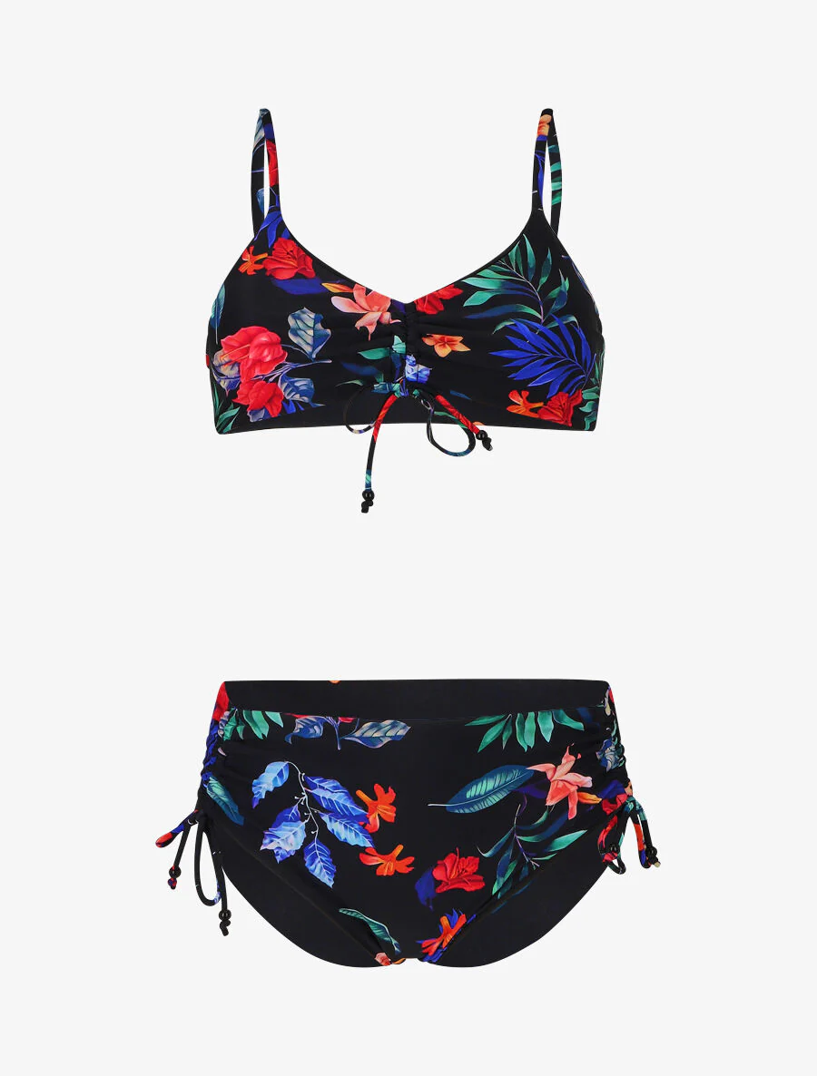 Bikini taille haute imprimé floral - Noir