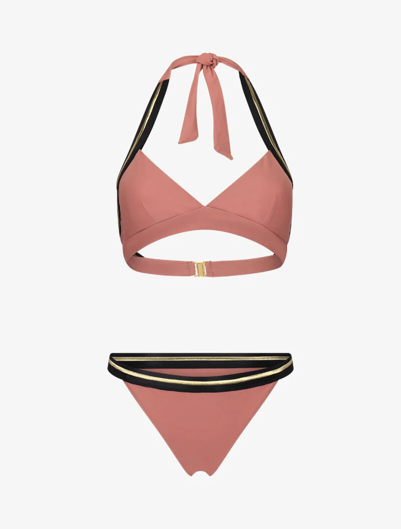 Bikini triangle à bandes dorées - vieux rose