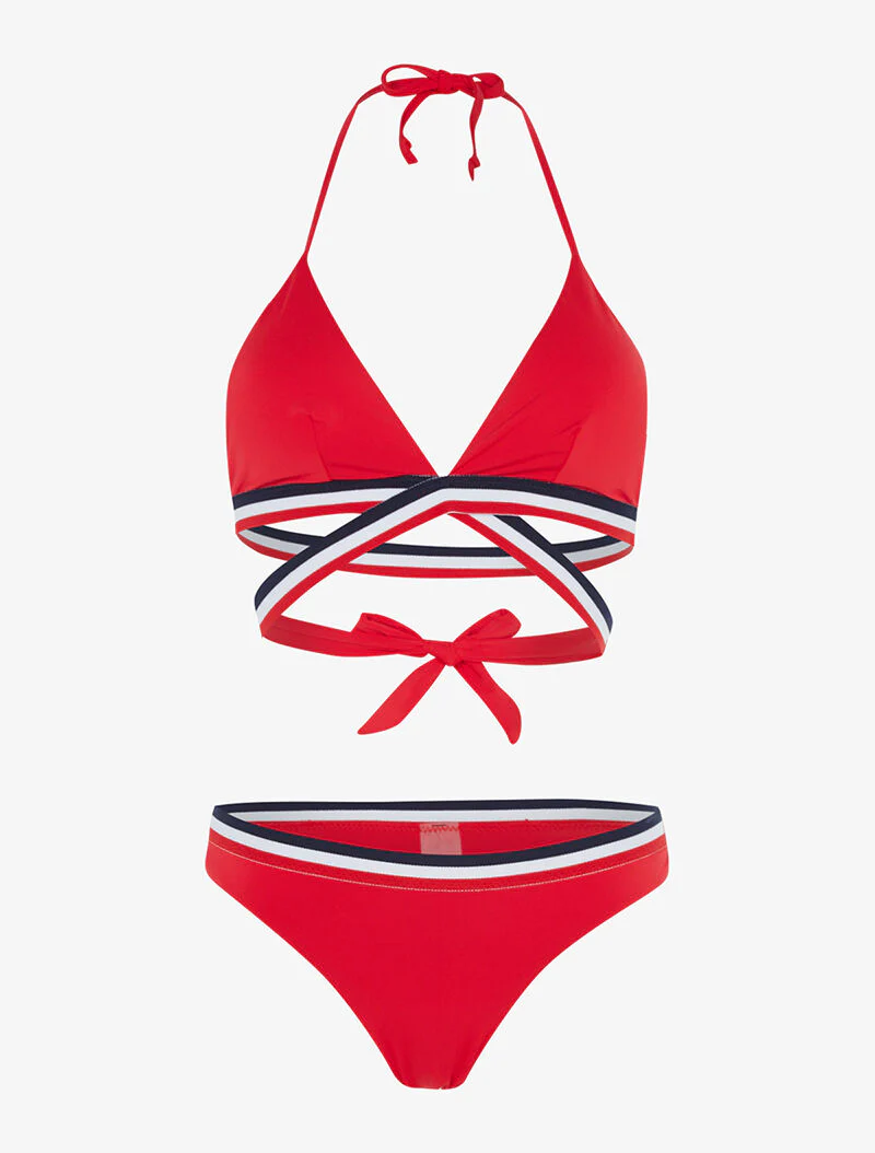 Bikini triangle à bandes tricolore - rouge