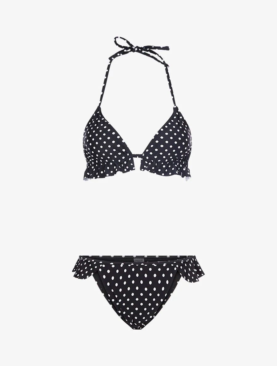 Bikini triangle à pois et volants - Noir