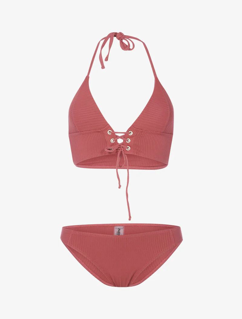 Bikini triangle côtelé à corset - vieux rose