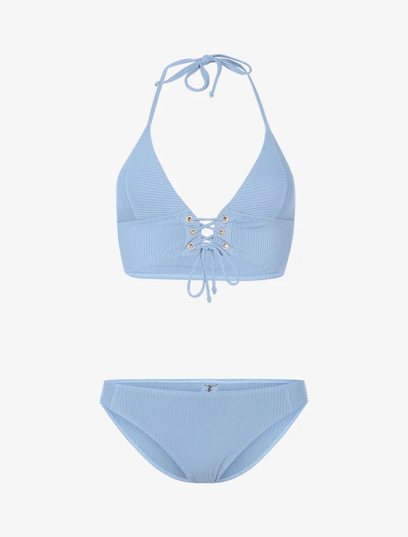 Bikini triangle côtelé à corset - bleu