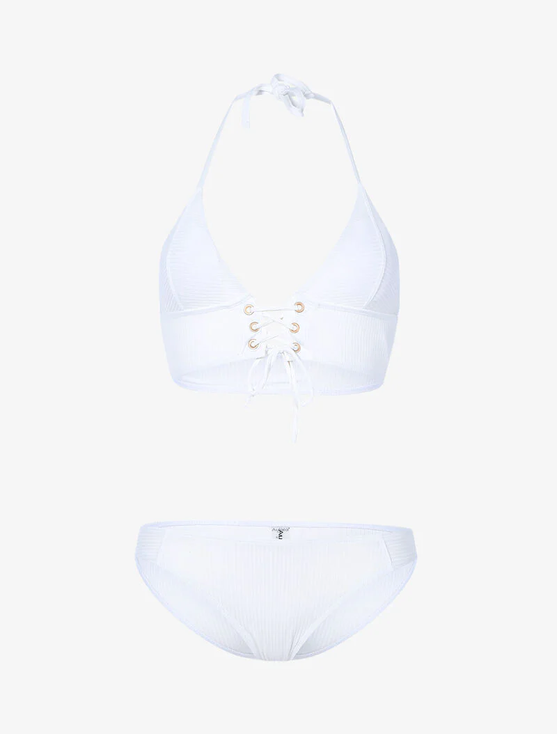 Bikini triangle côtelé à corset - blanc