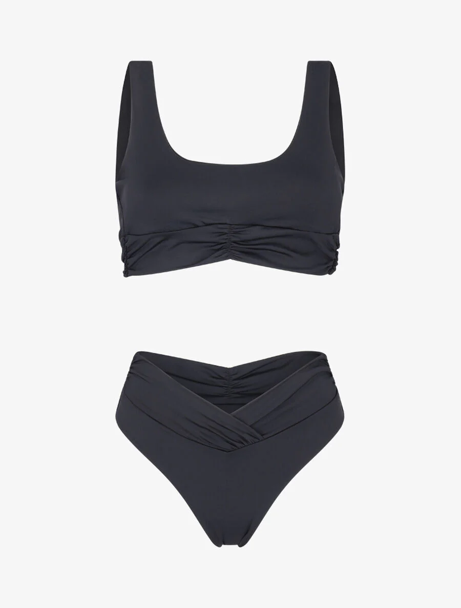 Bikini uni taille haute V shape - Noir