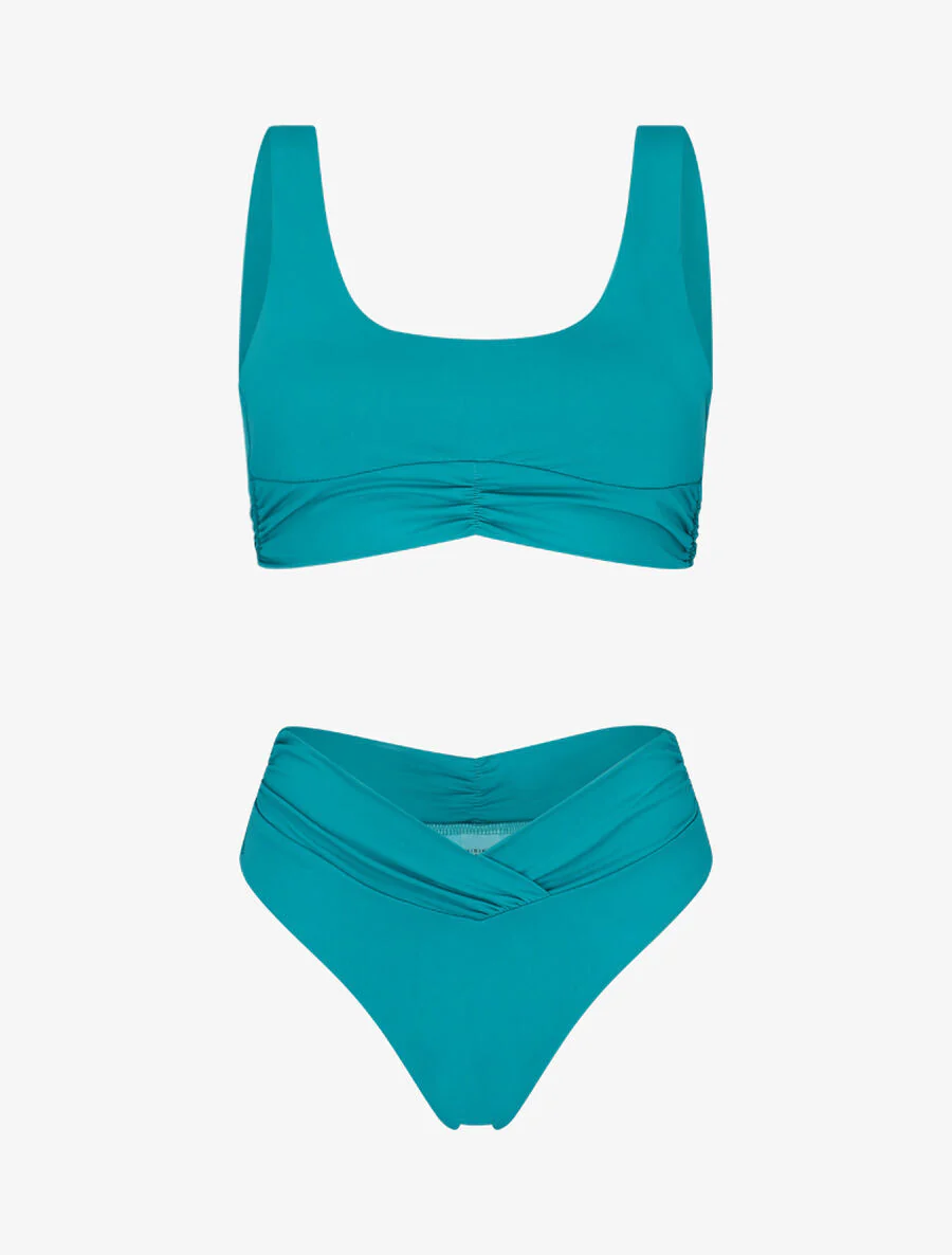 Bikini uni taille haute V shape - Bleu canard