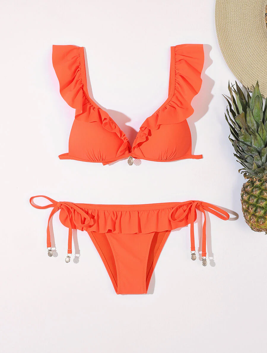 Bikini volanté à détail bijoux ananas - Orange fluo