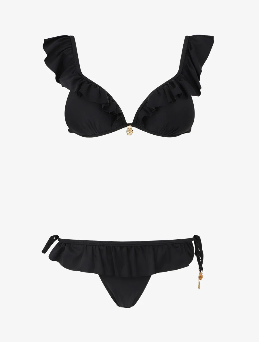 Bikini volanté à détail bijoux ananas - Noir